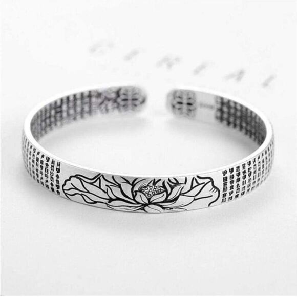 Sterling Silver Lotus Flower Bracelet Bangle Cuff Flower 925 Stamped - Picture 6 of 7